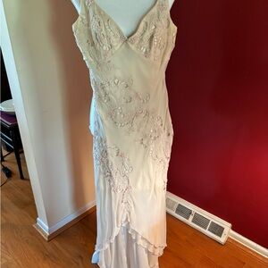 Marina Beige Silk Floral Beaded Embroidered Dress